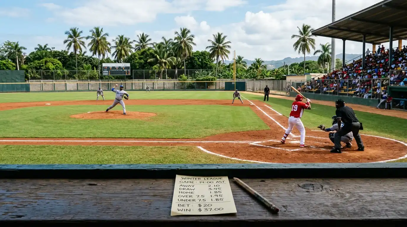 A Caribbean Series MLB tournament dashboard with team flags from the Dominican Republic, Venezuela, Mexico, Puerto Rico, Cuba and Panama and UK time zone overlays