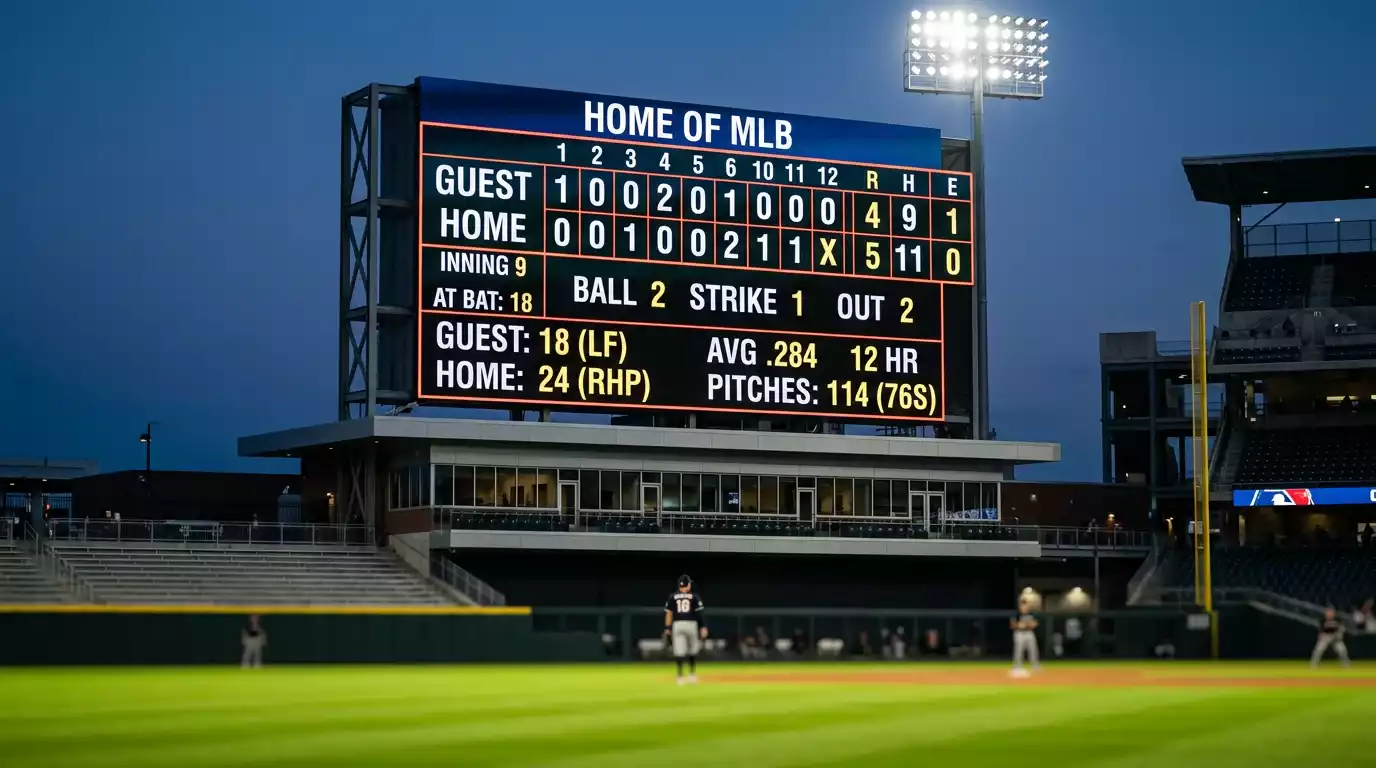 Major League Baseball stadium scoreboard showing line score and team totals during a night game