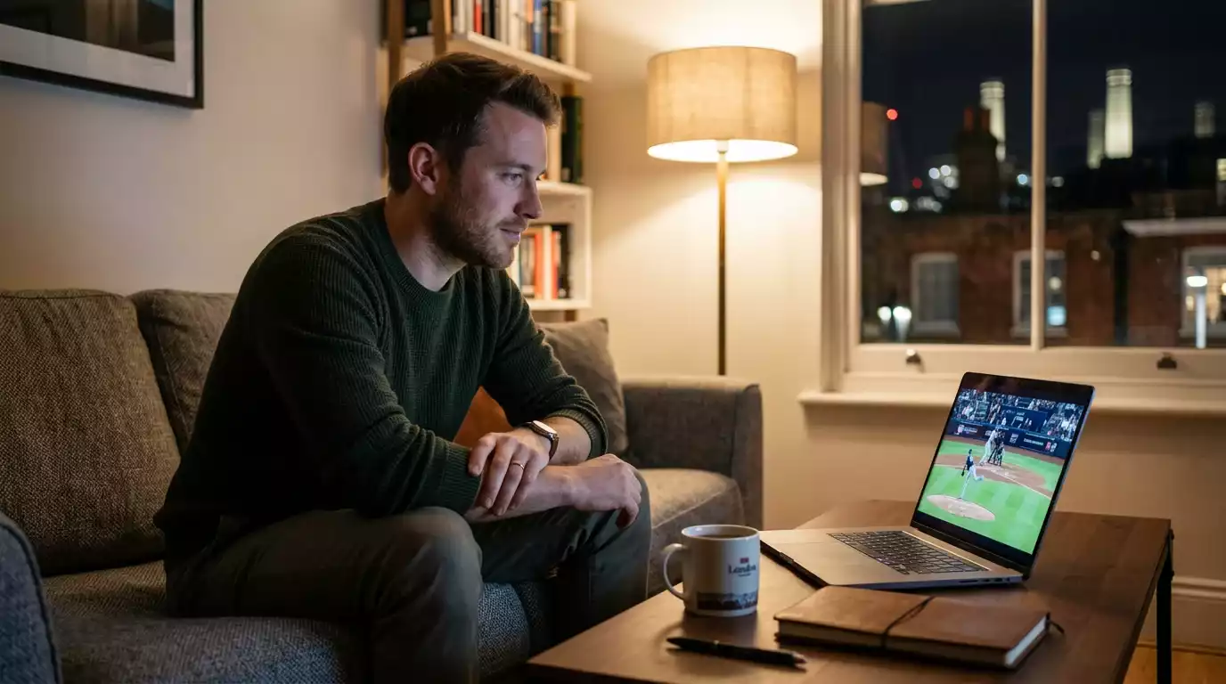 UK bettor watching a Major League Baseball game on a laptop late at night in a London flat
