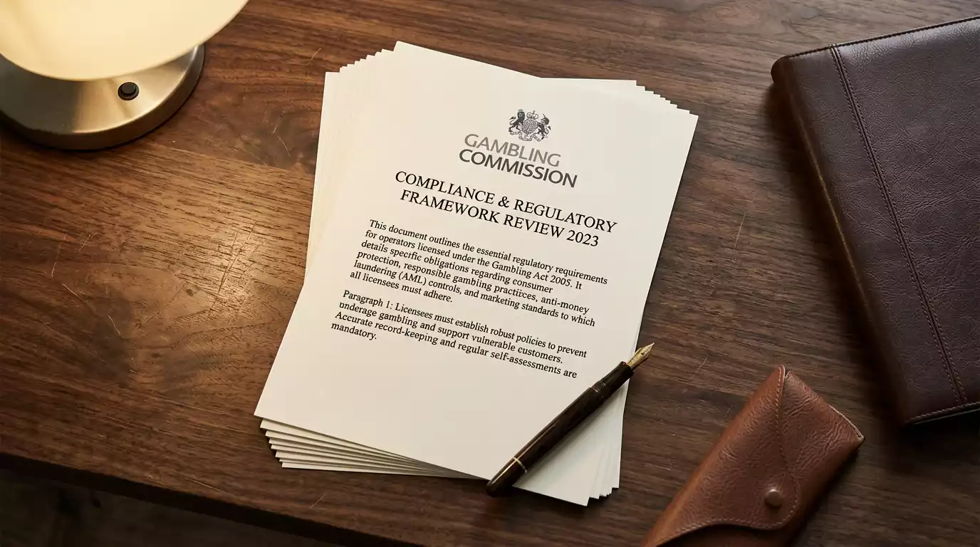 Close-up of a UK Gambling Commission licensing document on a wooden desk